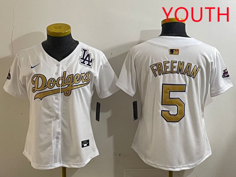 Youth Los Angeles Dodgers #5 Freeman White Champion gold character 2025 Nike MLB Jersey style 4126